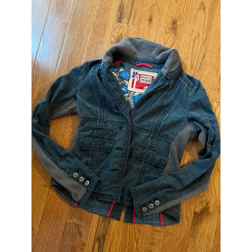 Free People Teal-Green Plaid Mixed-Media Blazer Jacket